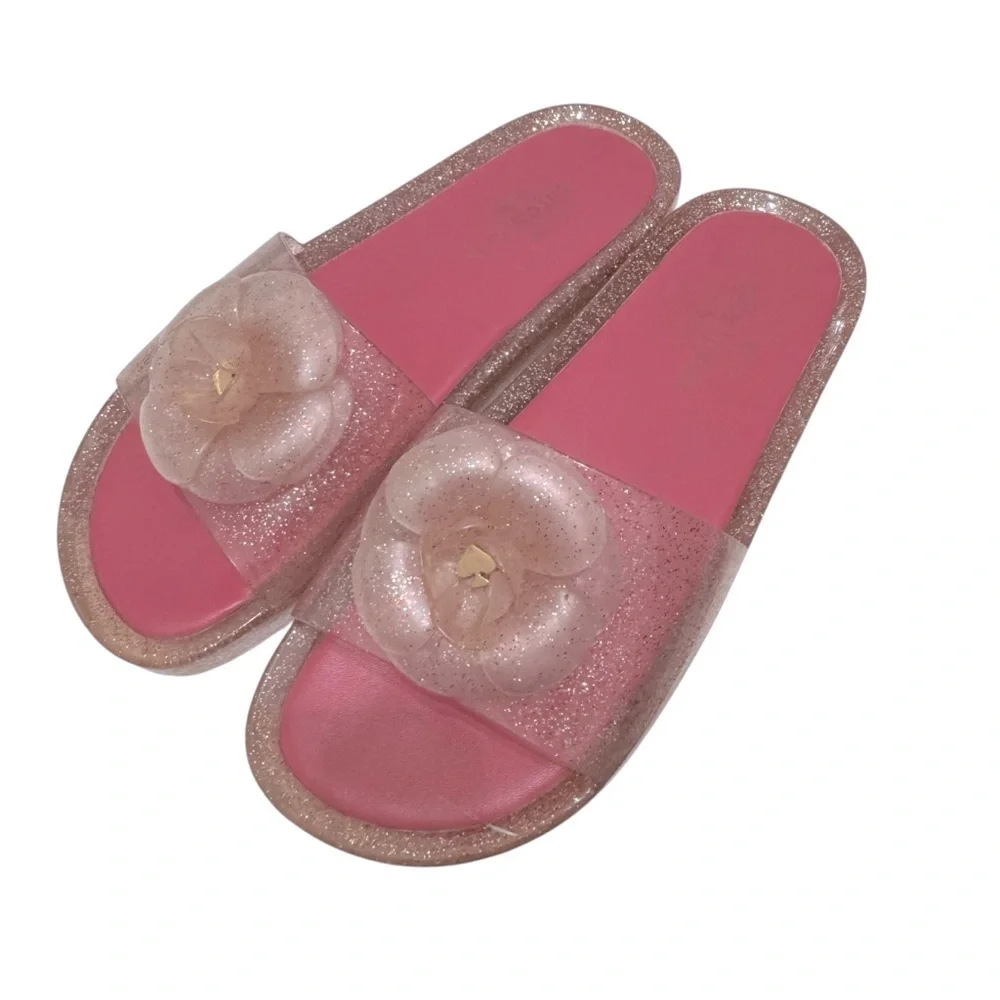 Kate Spade New York Splash Glitter Jelly Slides, Pink Sparkly Flower‎ Sandals, 7